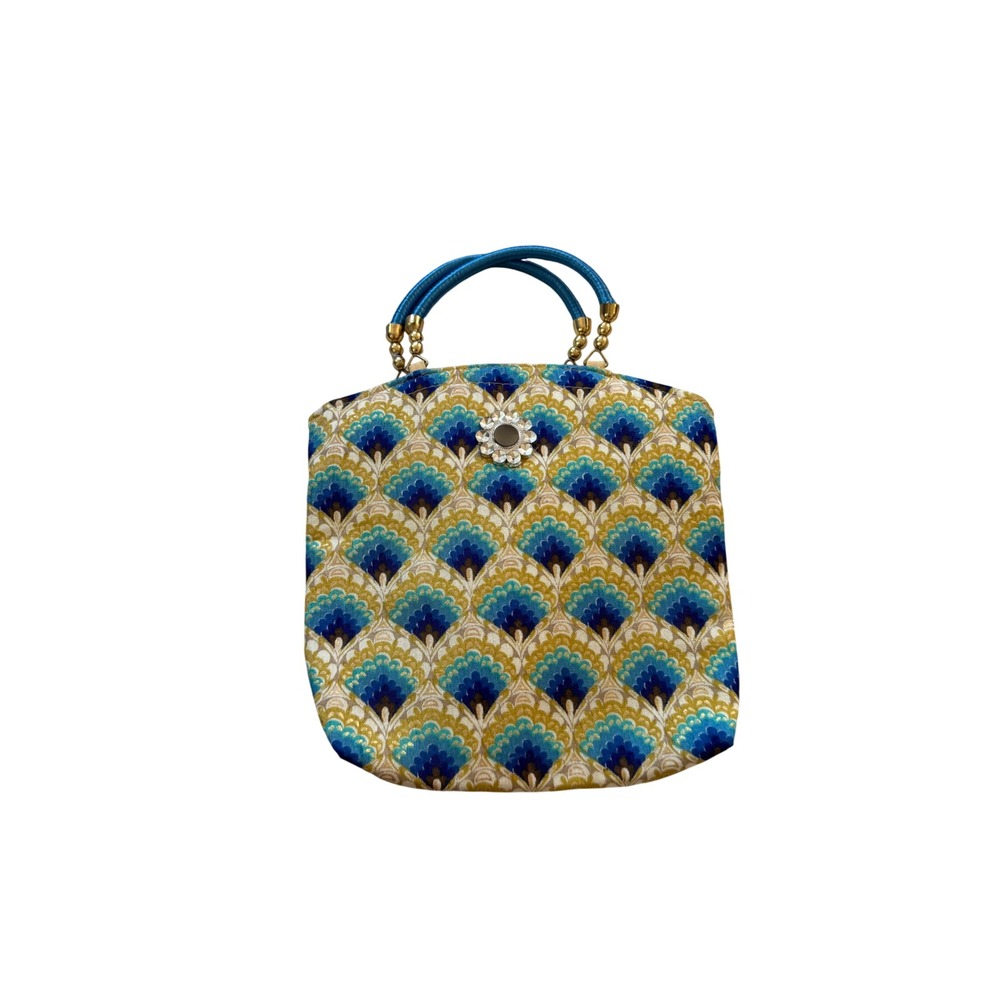 Vintage Peacock Tapestry Handbag Turquoise Blue Gold Rhinestone Top Handle